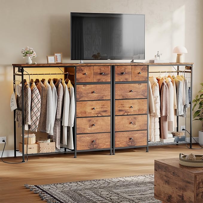 DUMOS Dresser for Bedroom with Hanging Rack, 6 Drawer Fabric Dresser with - Image 9