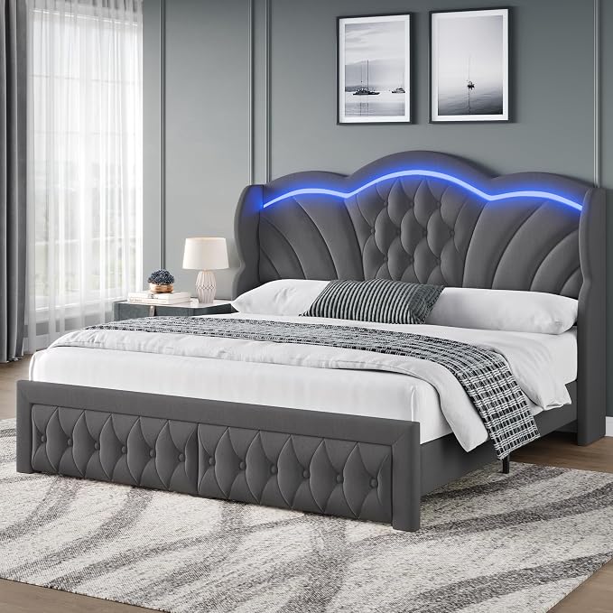 Keyluv Queen Bed Frame with LED Lights and 2 Storage Drawers, Velvet by KeyluvHome