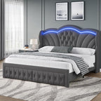 Keyluv Queen Bed Frame with LED Lights and 2 Storage Drawers, Velvet by KeyluvHome