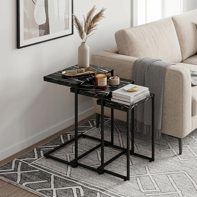 SUPER DEAL Nesting Tables Set of 3, Industrial C Shaped End Table Stackable - Image 2