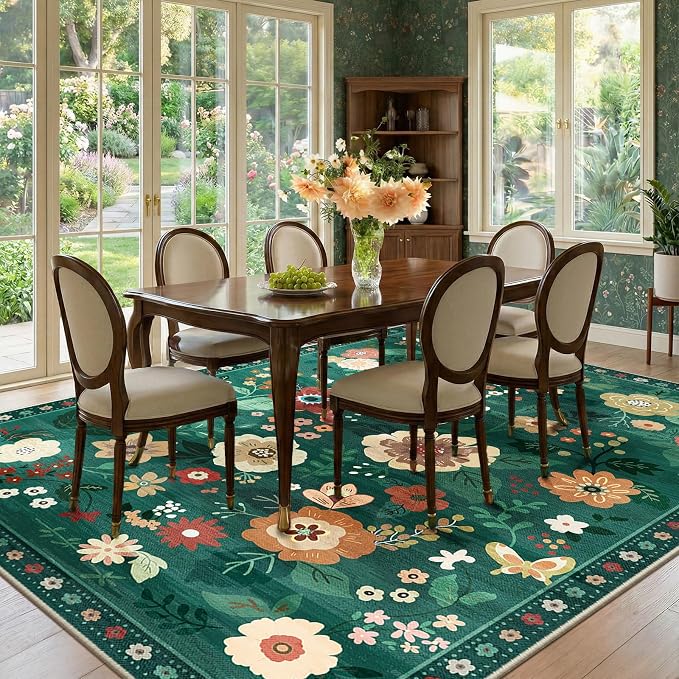 RELEANY Floral Washable 9x12 Area Rugs DarkGreen | Flower Carpet Print Boho - Image 2