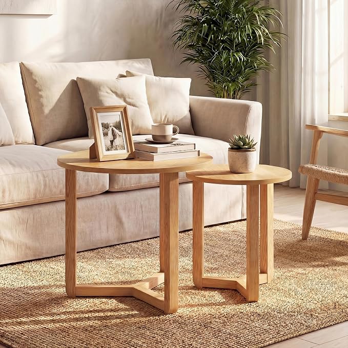 Giantex Round Nesting Coffee Table Set of 2, Wood Nesting End Tables - Image 7