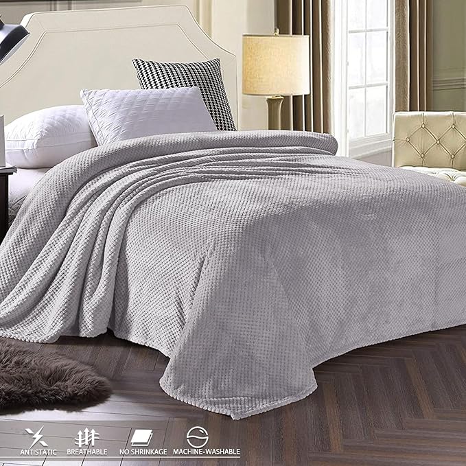 Exclusivo Mezcla Soft Waffle Fleece Bed Blanket Queen Size, Light Gray | - Image 3