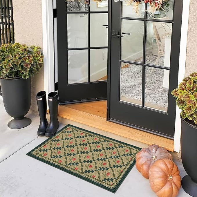 Front Door Mat Outside Entrance, 2x3 Green Brown Floral Trellis Rug | Non-Slip - Image 9