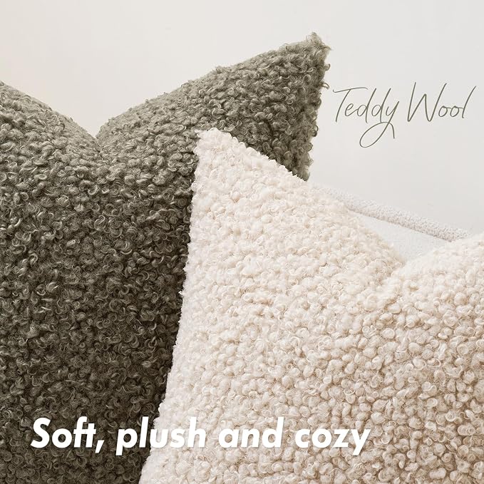 Faux Fur Throw Pillow Covers 24x24 Inch Set of 2 Euro Boucle Neutral Decorative - Image 5