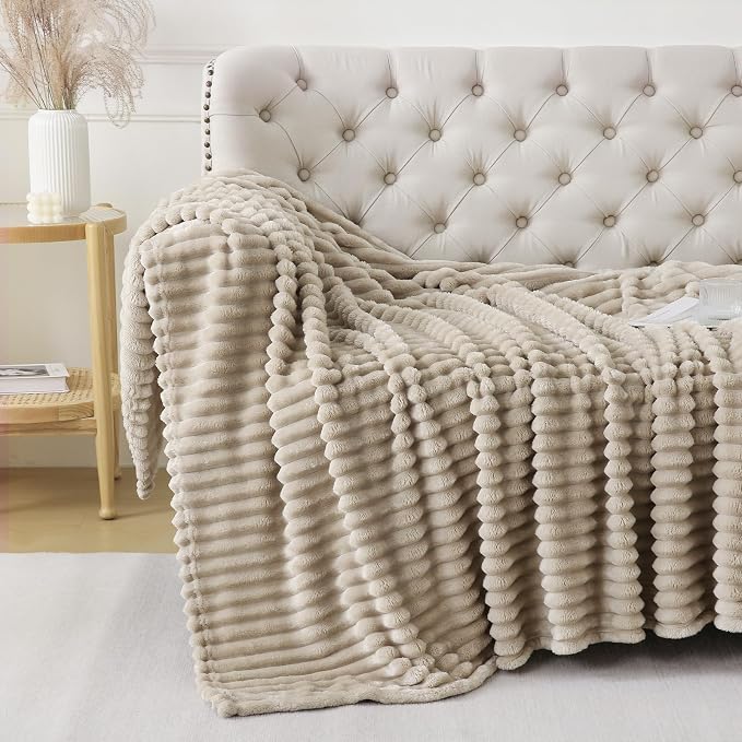 Khaki Throw Blanket for Couch Sofa 90x90 inches Striped Design | Fleece - Image 5