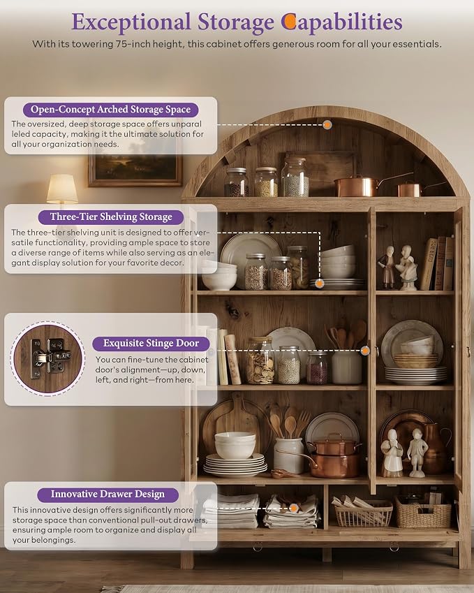 TYBOATLE 75'' Arched Cabinet Classic Farmhouse Design w/Three Glass Doors - Image 6