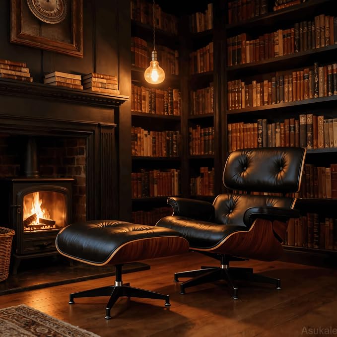 Black PU Leather, Mid Century Chaise Lounge Chair and Ottoman, Leather Accent - Image 6