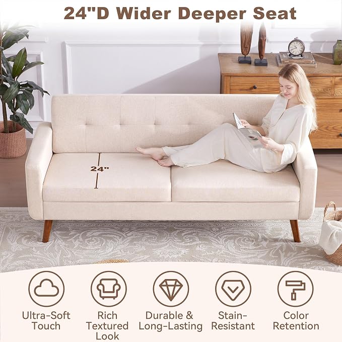 Tbfit 77.2" W Linen Sofa Couch, Mid Century Modern Decor Loveseat Couches - Image 6