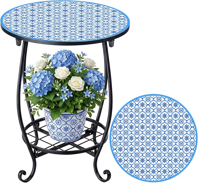 Cinnvoice Outdoor Side Table Round Small Mosaic Patio Accent Indoor End Plant by Cinnvoice