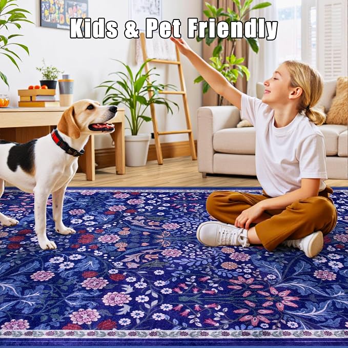 PLHXFR Area Rug 10x14 Living Room: Floral Washable Boho Soft Carpet Blue | - Image 7