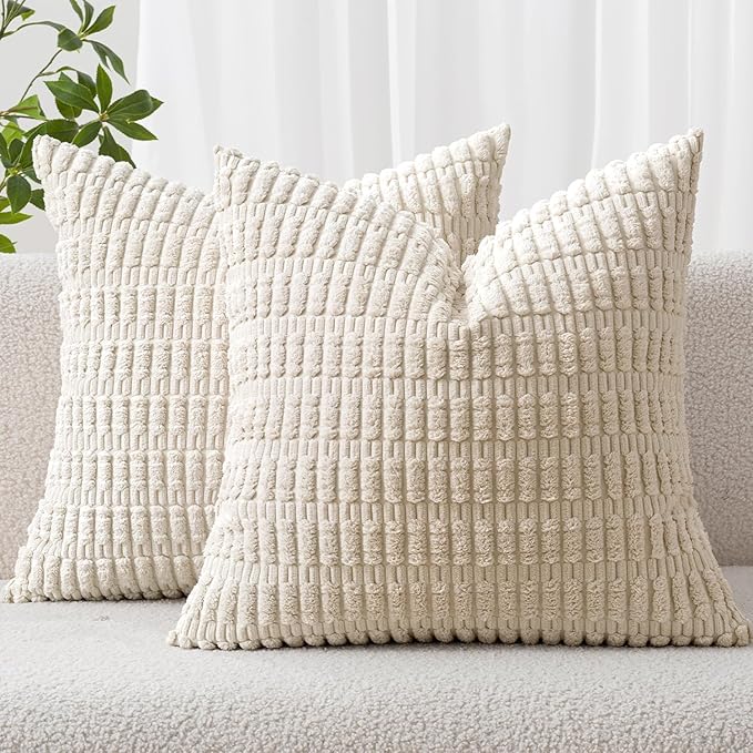 MIULEE Euro Sham Corduroy Decorative Throw Pillow Covers 22x22 Cream White | by MIULEE