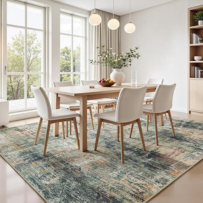 5x7 Area Rug for Living Room, Abstract Washable Non-Slip Rugs, Coffee/Green | - Image 3
