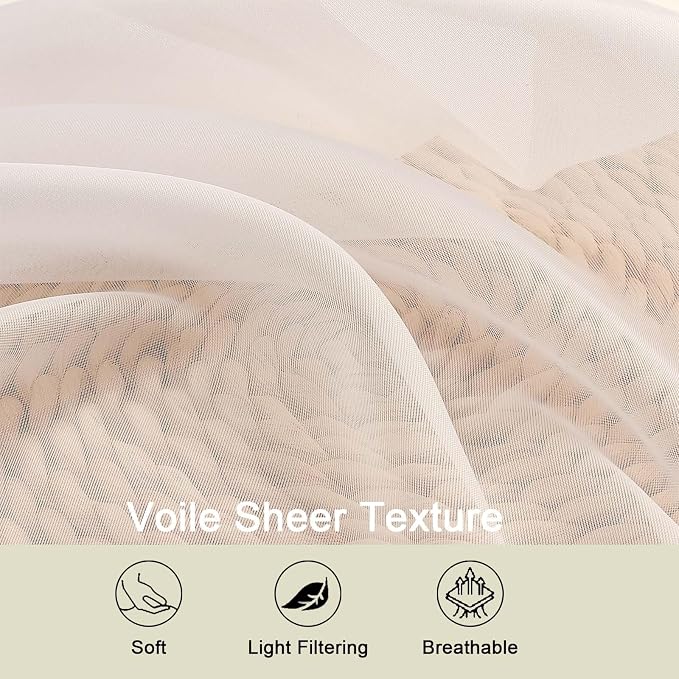 Cream Sheer Curtain for Bedroom Living Room 72 Inches Long 2 Panels Set - Image 3