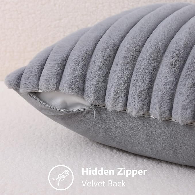 decorUhome Fall Faux Fur Throw Pillow Covers 16x16 Set of 2 Grey | Decorative - Image 3