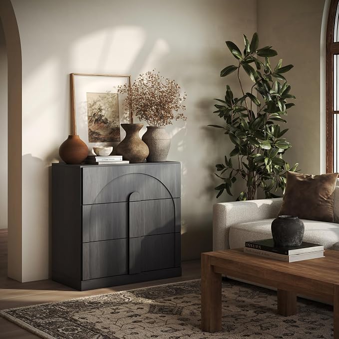 BELLEZE Sideboard Cabinet with 3 Drawers, Modern Wood Buffet Cabinet with Arc - Image 5