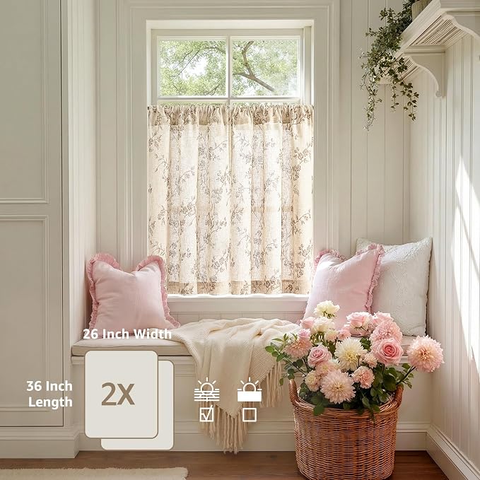 Taupe on Beige Linen Kitchen Curtains Rod Pocket 26W X 36L 2 Panels | Elisa - Image 4