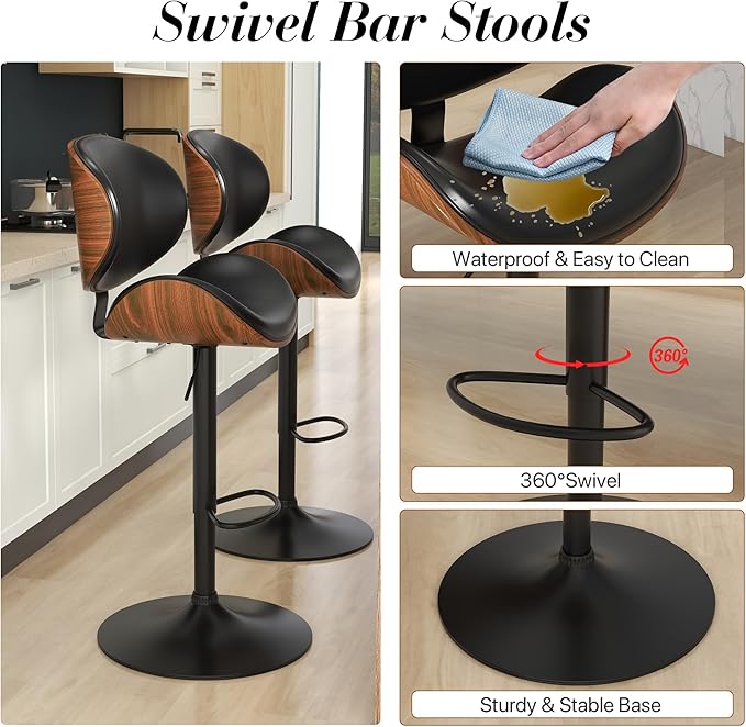 KCC Bar Stools Set of 6, Swivel Adjustable Height Barstools, PU Leather - Image 7