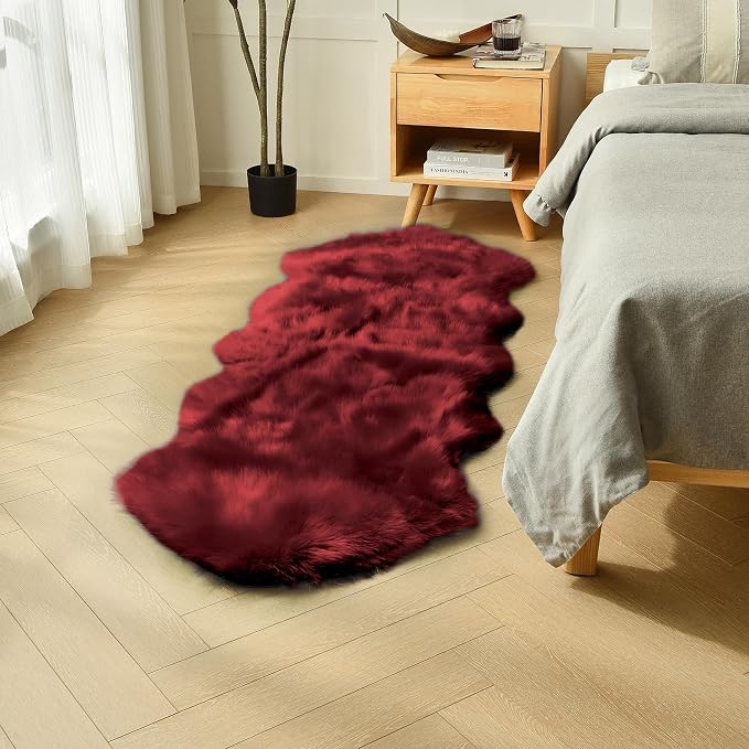 duduta Burgundy Faux Sheepskin Runner Rugs 2x6 ft, Fluffy Fur Couch Covers | by duduta