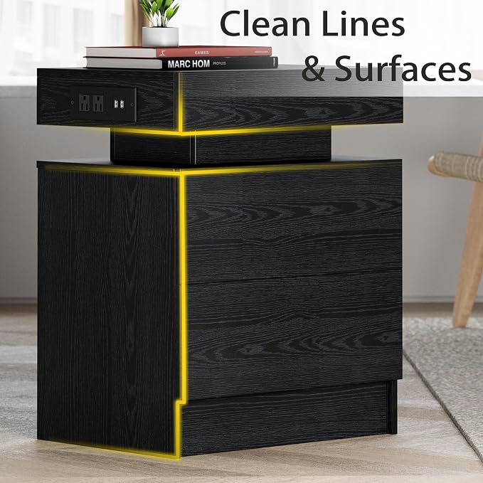 LIKIMIO Night Stand with Charging Station, Modern Black Nightstand with LED - Image 7