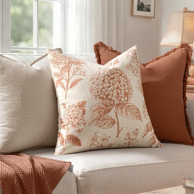 Set of 2 Decorative Floral Pillow Covers 20x20 Inch Autumn Orange | Neutral - Image 3