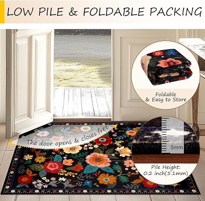 RELEANY Floral Washable 9x12 Area Rugs Black | Flower Carpet Print Boho Cute - Image 4
