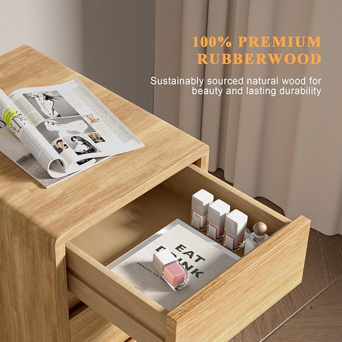 Nightstand 2 Drawers with Open Shelf Narrow Night Stand Solid Wood Bedside - Image 4