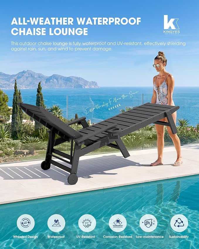 KINGYES HDPE Lounge Chair Outdoor Set of 2, Patio Chaise Lounge Recliner - Image 5