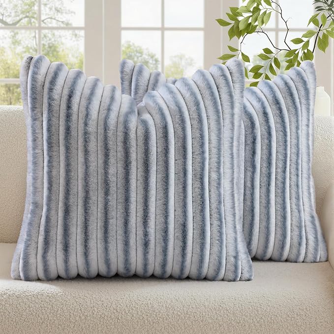 decorUhome Fall Faux Fur Throw Pillow Covers 20x20 Set of 2 Grey White | by decorUhome