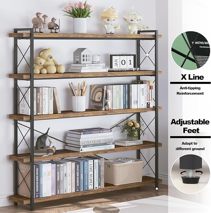 HCHQHS Large Bookshelf, 5-Tier Long Industrial Bookcase, Rustic Brown Book Shelf - Image 6