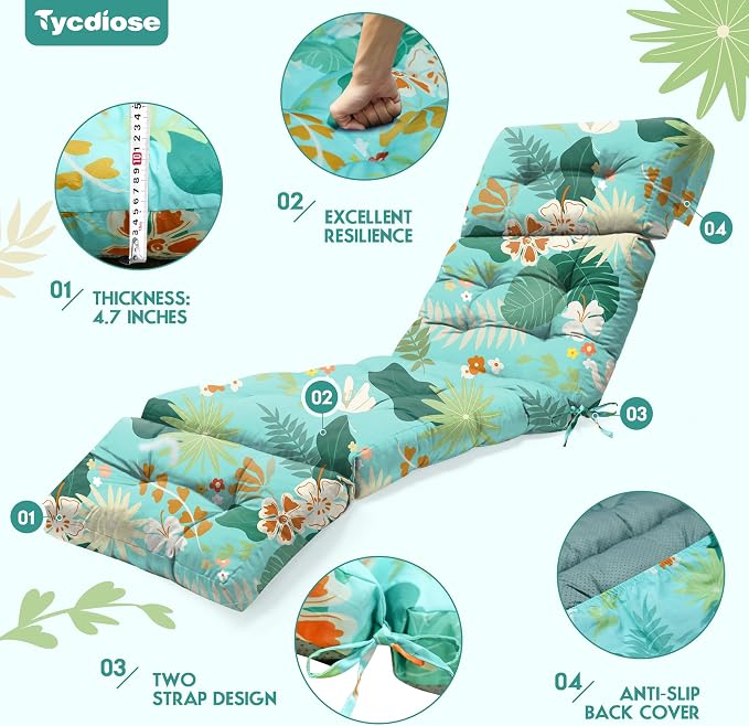 Outdoor Chaise Lounge Chair Cushion Waterproof 74.4 x 22 x 4.7 Inches Thickened - Image 5