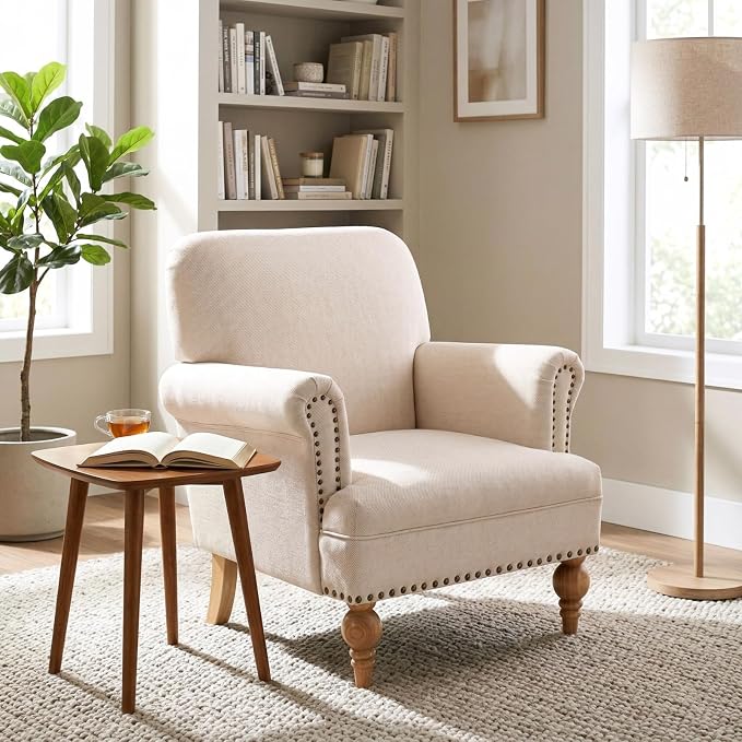 Beige Linen Fabric Accent Chair, Modern Farmhouse Upholstered Armchair - Image 8