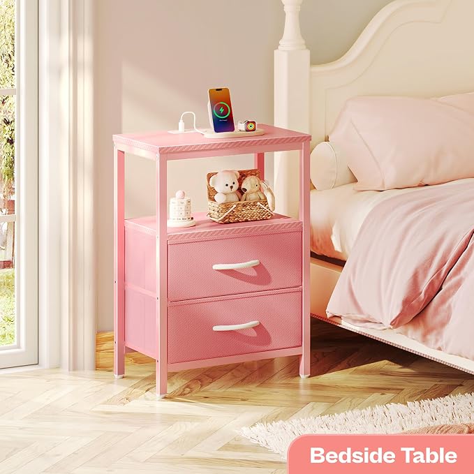 Huuger Nightstand with Charging Station, Side Table with Fabric Drawers - Image 2