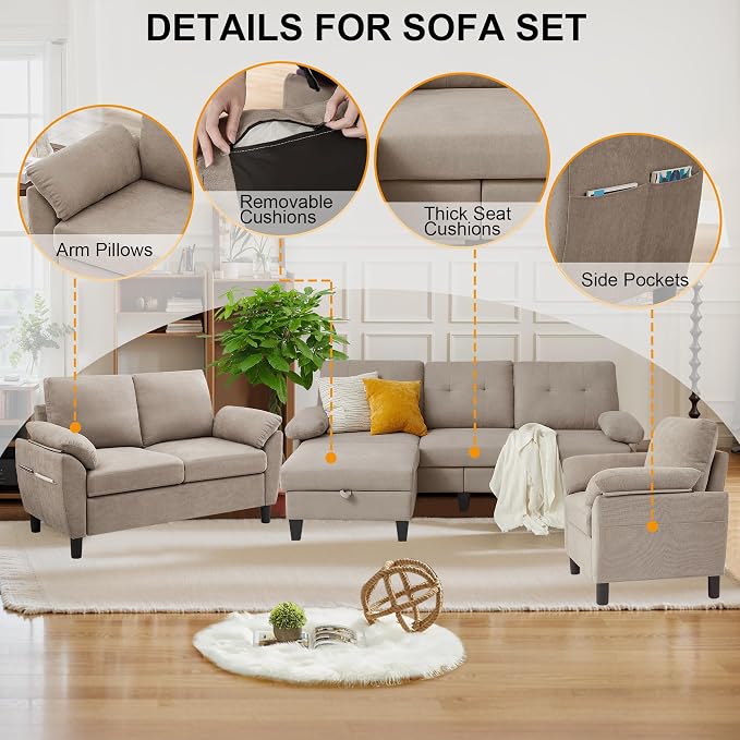 84" Convertible Sectional Sofa Set, 3 Seat L Shaped Couch - Image 4