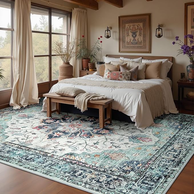 RELEANY Washable Area Rug, Large 10'x12', Teal Green/White/Navy | Non-Slip - Image 2