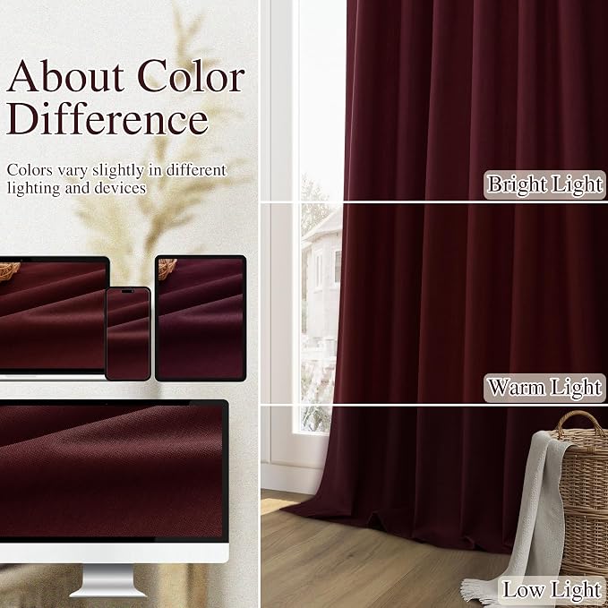 Burgundy 100% Blackout Linen Curtains 102 Inch Length 2 Panels Set - Image 7