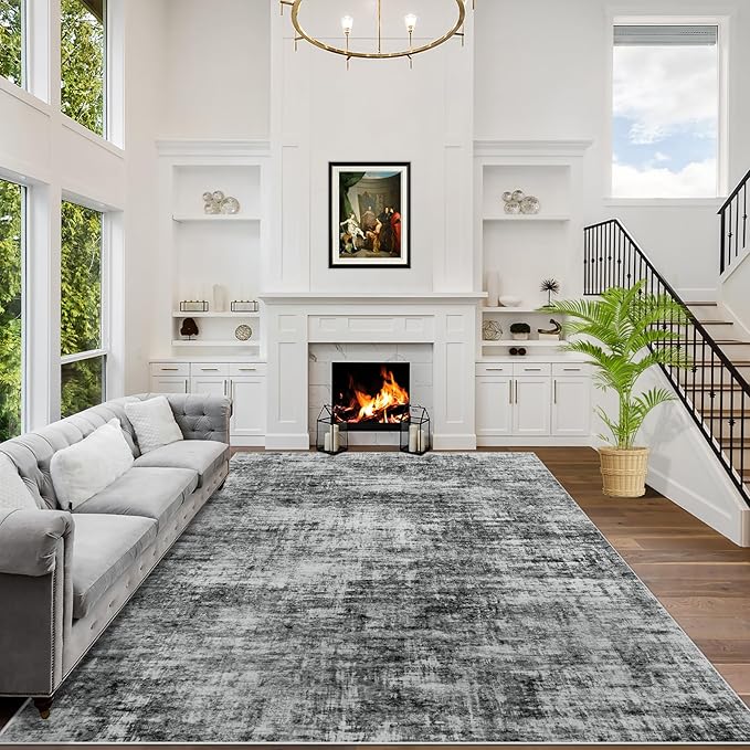8x10 Area Rugs for Living Room: Washable Abstract Black Badroom Carpet | by GENTDRIZZ