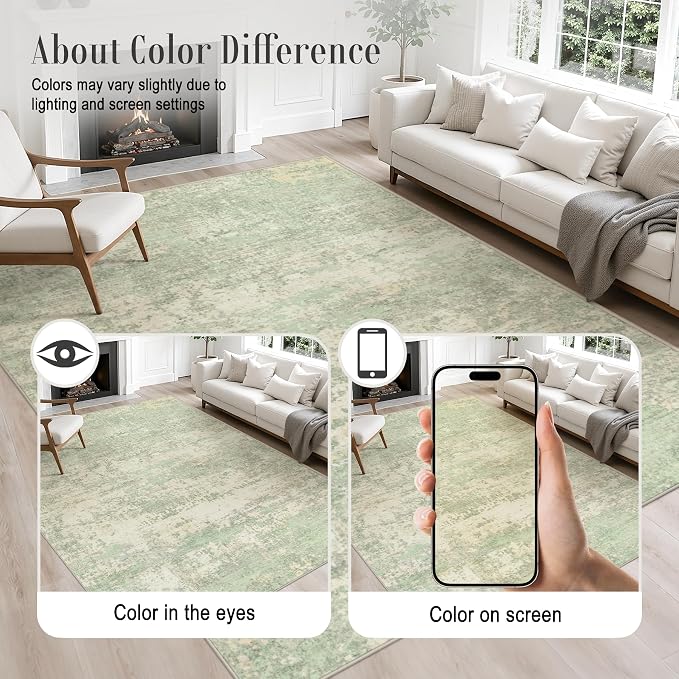 2.6x10 Washable Runner Rug:Modern Abstract Soft Carpet Green Cream | - Image 4