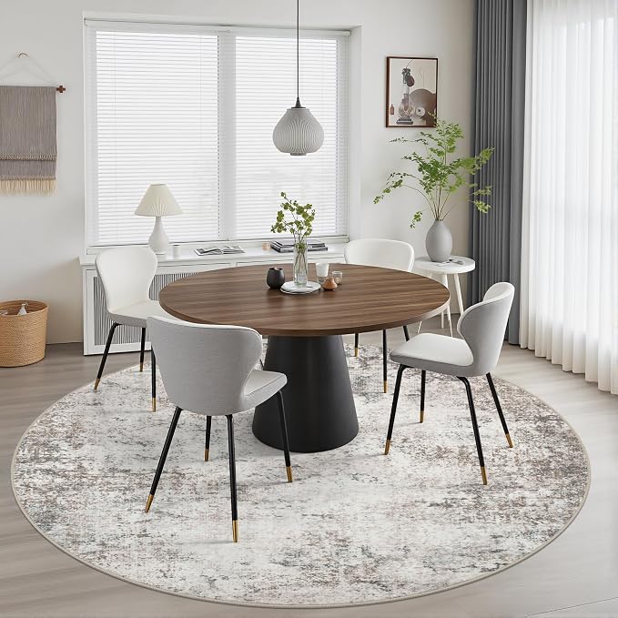 Round Area Rug Living Room: 6 ft Modern Washable Carpet Brown | - Image 3