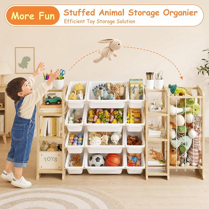 Toy Storage Shelf 3-in-1 Bookshelf & Stuffed Animal Storage & 12 Plastic Bins - Image 5