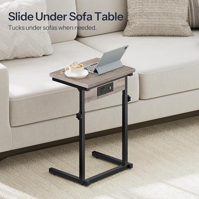 HOOBRO C-Shaped End Table with Charging Station, Adjustable Height Sofa Tray - Image 7
