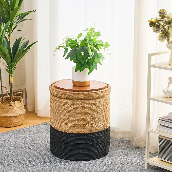 Wimarsbon Round Pouf Ottomans, Handwoven Natural Water Hyacinth Seagrass Pouffe - Image 5