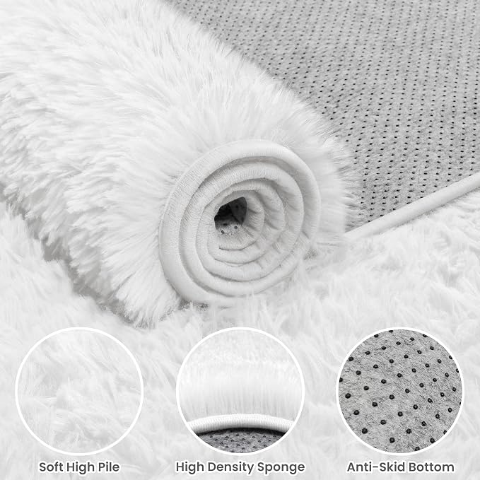 6x9 Fluffy Shag Area Rugs for Living Room Bedroom: Soft Plush Carpet White | - Image 5