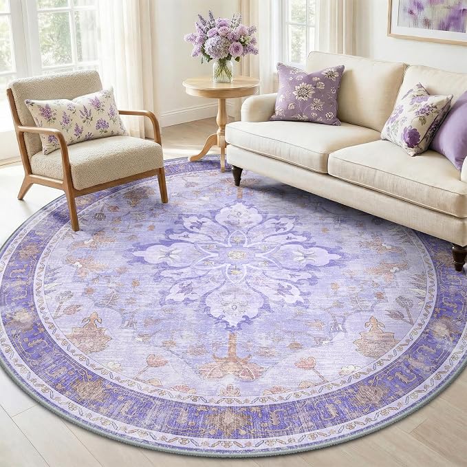RELEANY Washable Area Rug, Round 6ft, Water Repellent, Pet Friendly, Vintage by RELEANY