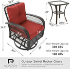 3 Pieces Patio Furniture Set, Outdoor Swivel Glider Rocker, Wicker Patio Bistro - Image 7