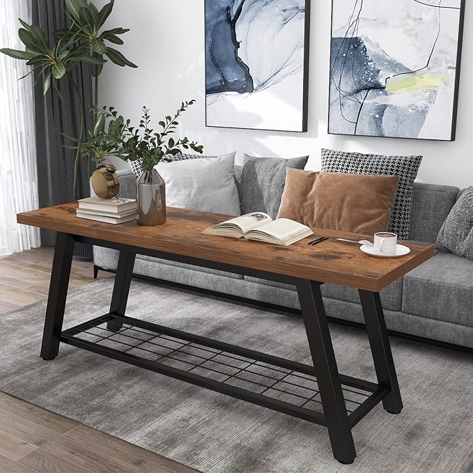 Oastreeful Storage Bench Industrial Rustic Wooden and Metal Entryway Shoe Boots - Image 4