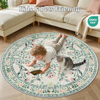PLHXFR Round Area Rug Living Room: 6 ft Floral Washable Carpet Green Beige | - Image 8