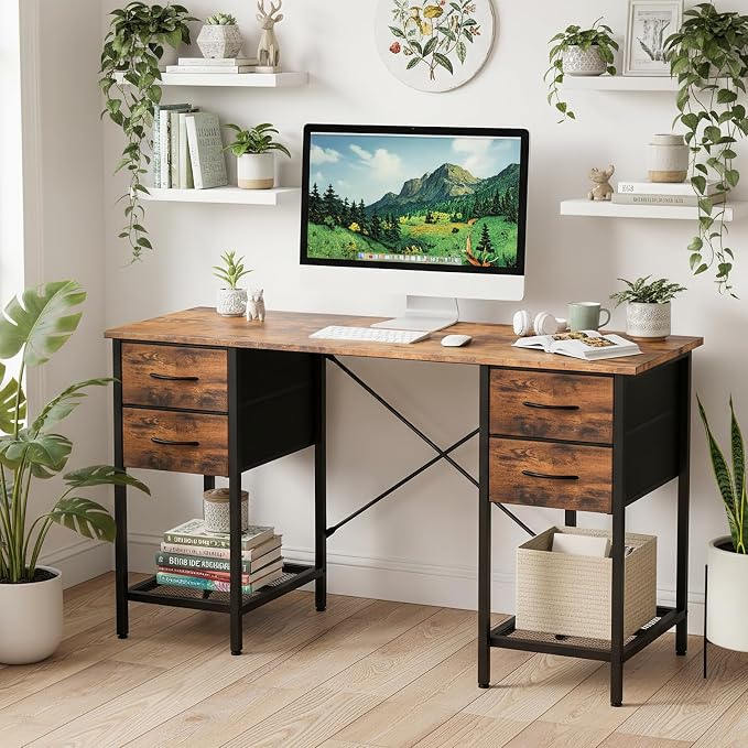 Sweetcrispy Computer Desk with Drawers, 55 Inch Home Office Bedroom Table with - Image 2