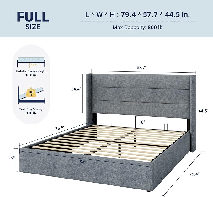 Allewie Full Size Lift Up Storage Bed, Modern Wingback Headboard, Hydraulic - Image 2