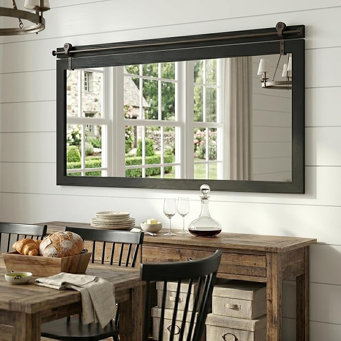 27"x49" Large Black Barn Door Mirror, Solid Wood Framed Accent Wall Mirror - Image 7